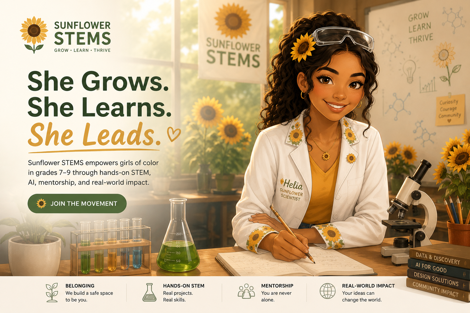 Helia the Sunflower Scientist in a STEM classroom